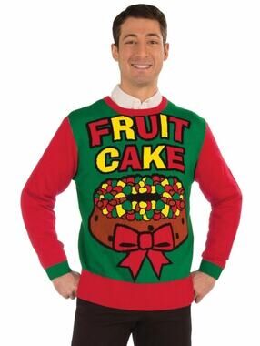 Forum Novelties Unisex Adult Fruit Cake Ugly Christmas Sweater Red Green Sz. 2XL